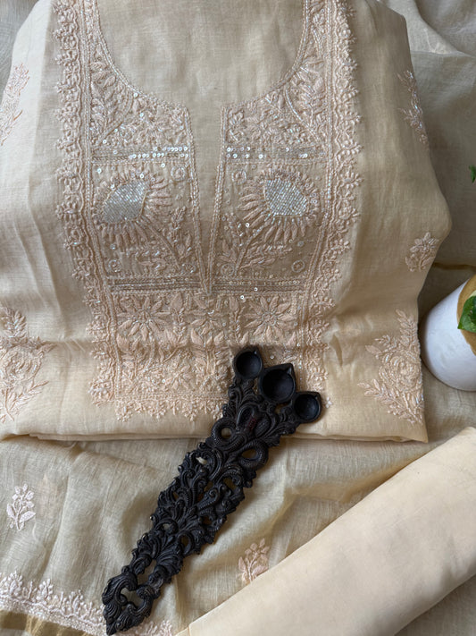 Lemon yellow mull chanderi lucknowi chickenkari with moti work hand embroidery three piece suit