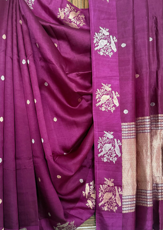 Old Mauve Purple Mango silk certified  handloom banarsi sari with woven zari