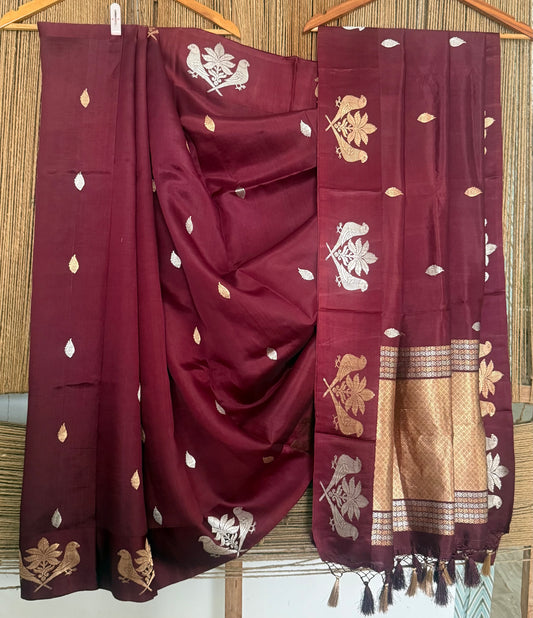 Raspberry Maroon Mango silk certified  handloom banarsi sari with woven zari