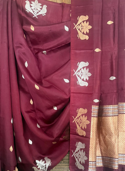 Raspberry Maroon Mango silk certified  handloom banarsi sari with woven zari