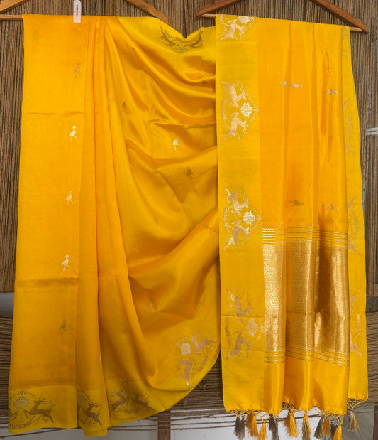 Amber Yellow Mango silk certified  handloom banarsi sari with woven zari