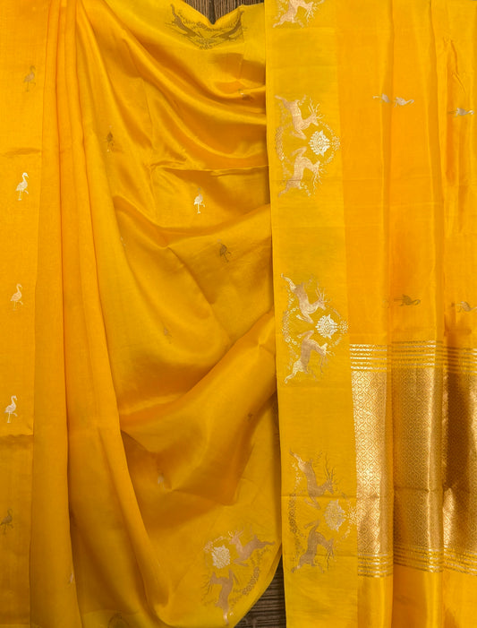 Amber Yellow Mango silk certified  handloom banarsi sari with woven zari