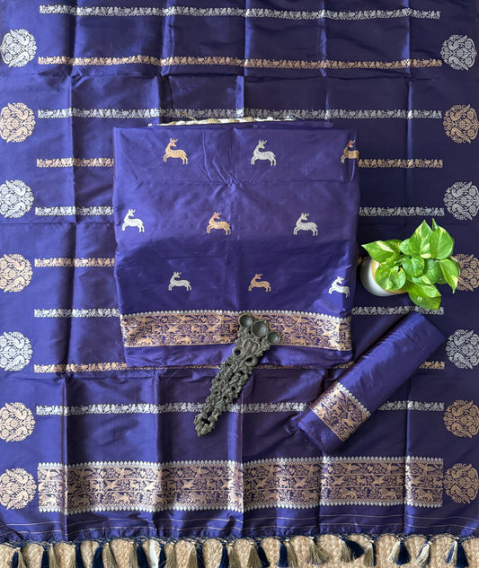 Navy Blue Katan silk certified handloom banarsi kadwa booti three piece suit
