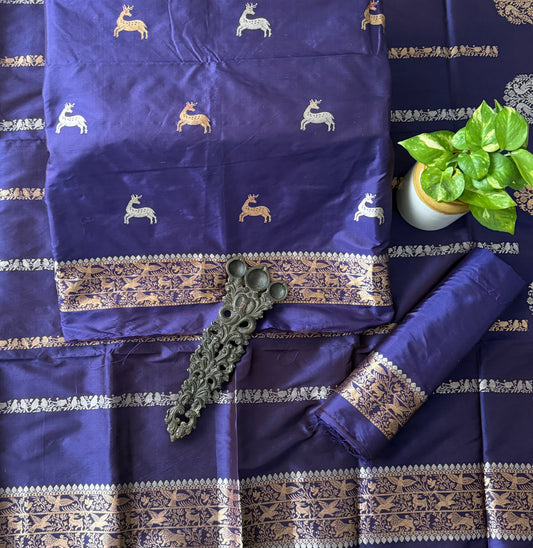 Navy Blue Katan silk certified handloom banarsi kadwa booti three piece suit