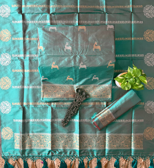 Rama Green Katan silk certified handloom banarsi kadwa booti three piece suit