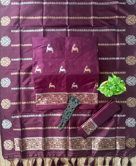 Sunset Maroon Katan silk certified handloom banarsi kadwa booti three piece suit
