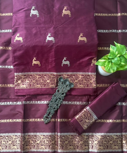 Sunset Maroon Katan silk certified handloom banarsi kadwa booti three piece suit