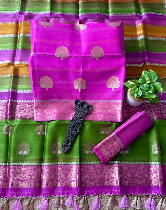 Fuscia Pink  kora silk certified handloom banarsi kadwa booti three piece suit