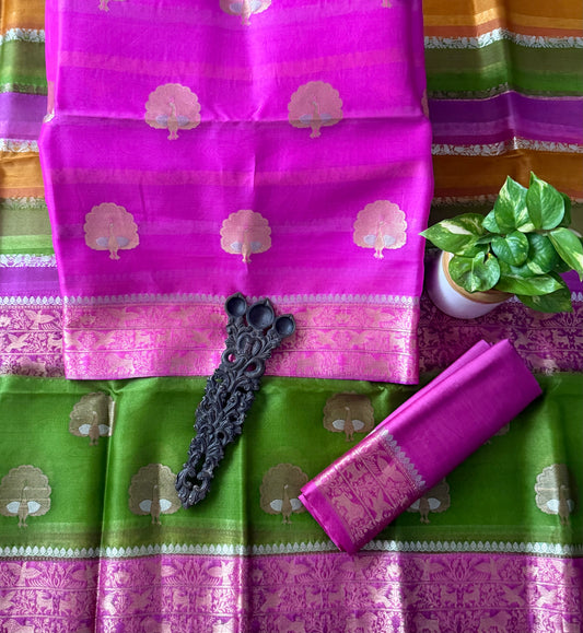 Fuscia Pink  kora silk certified handloom banarsi kadwa booti three piece suit