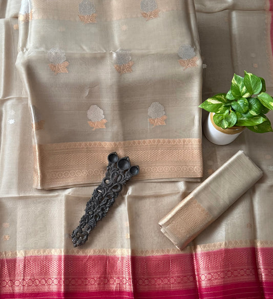 Coastal Path Beige  kora silk certified handloom banarsi kadwa booti three piece suit