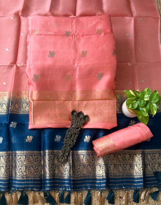 Salmon pink  Mango silk certified handloom banarsi kadwa booti three piece suit