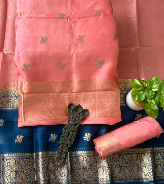 Salmon pink  Mango silk certified handloom banarsi kadwa booti three piece suit