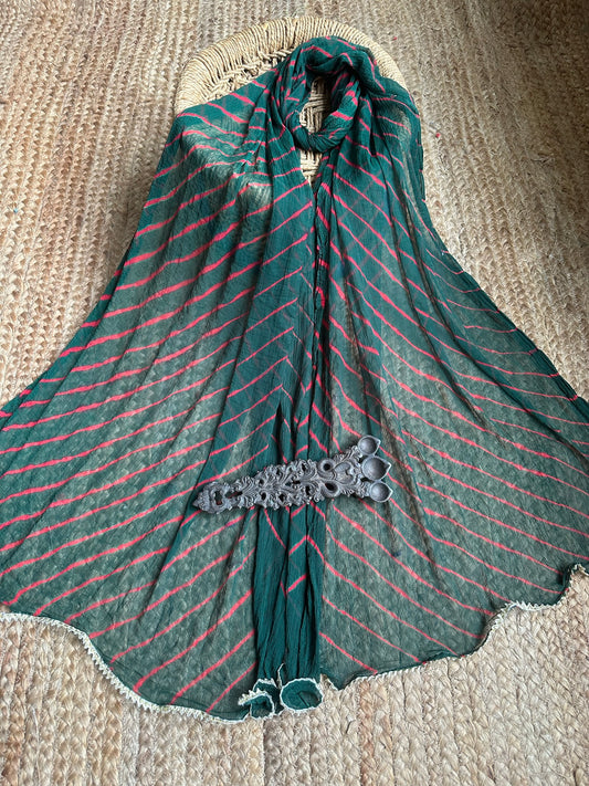 BOTTLE  GREEN CHIFFON LEHERIYA DUPATTA