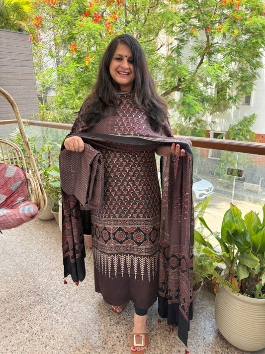 COFFEE BROWN AJRAKH MODAL SILK HANDBLOCK KURTA SET