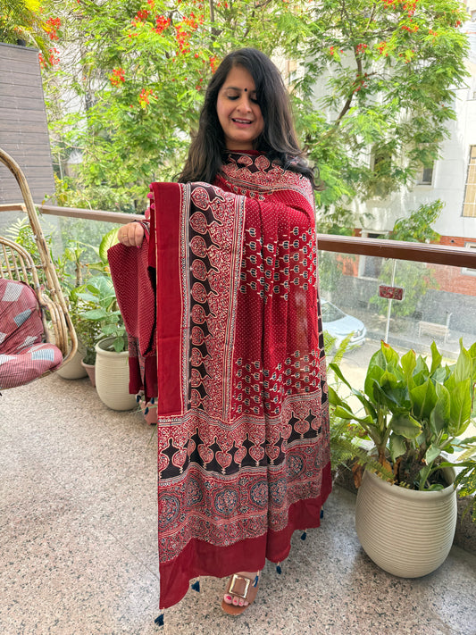 RED  AJRAKH MODAL SILK HANDBLOCK KURTA SET