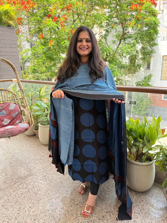 INDIGO BLACK AJRAKH MODAL SILK HANDBLOCK KURTA SET