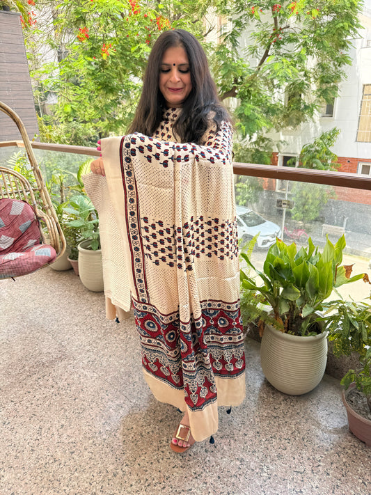 Ivory beige ajrakh modal silk handblock kurta set