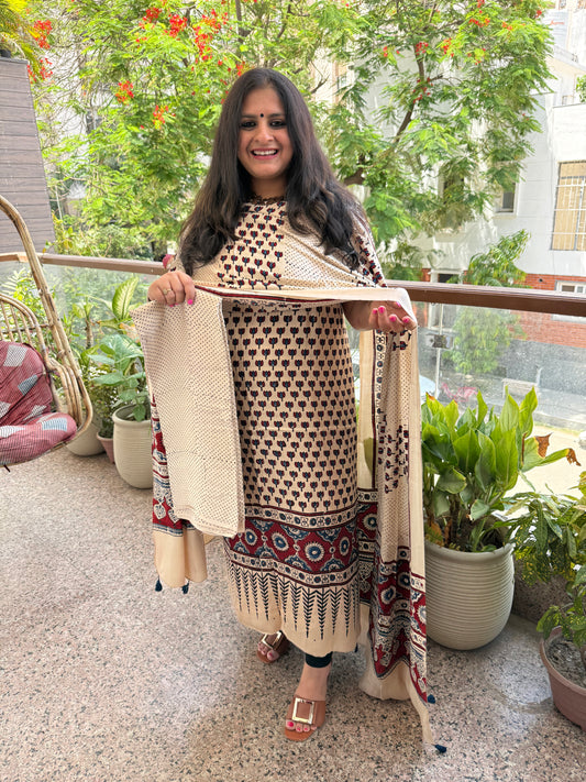 Ivory beige ajrakh modal silk handblock kurta set