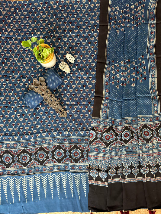 INDIGO BLUE AJRAKH MODAL SILK HANDBLOCK KURTA SET