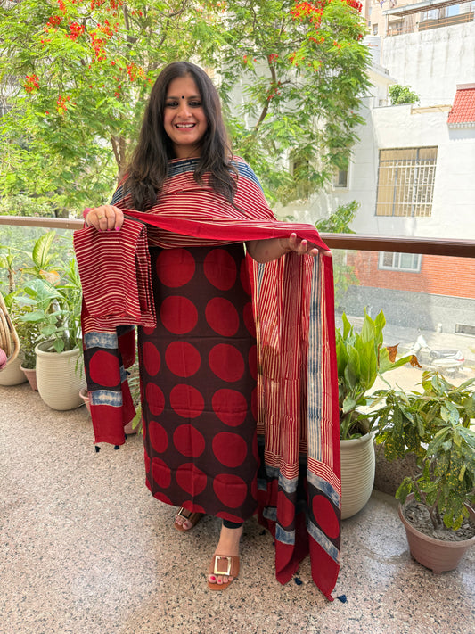 RED MAROON   AJRAKH MODAL SILK HANDBLOCK KURTA SET