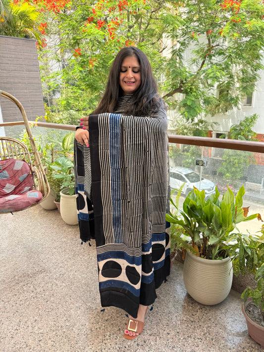 BEIGE BLACK AJRAKH MODAL SILK HANDBLOCK KURTA SET