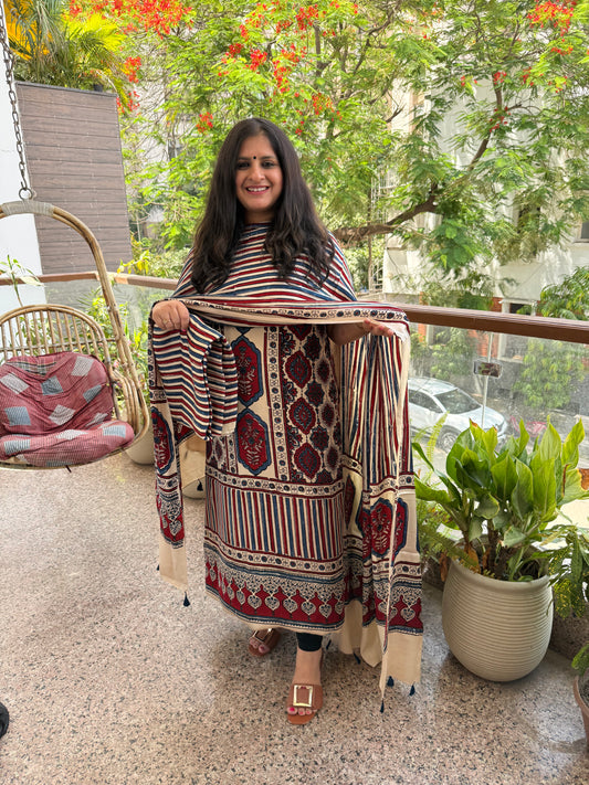BEIGE MAROON   AJRAKH MODAL SILK HANDBLOCK KURTA SET
