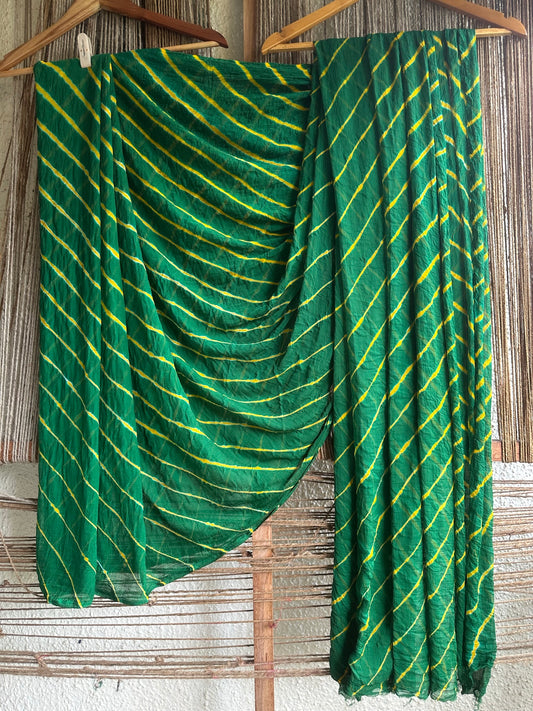 BOTTLE GREEN  MULTI LEHERIYA HANDCRAFTEDCHIFFON SARI