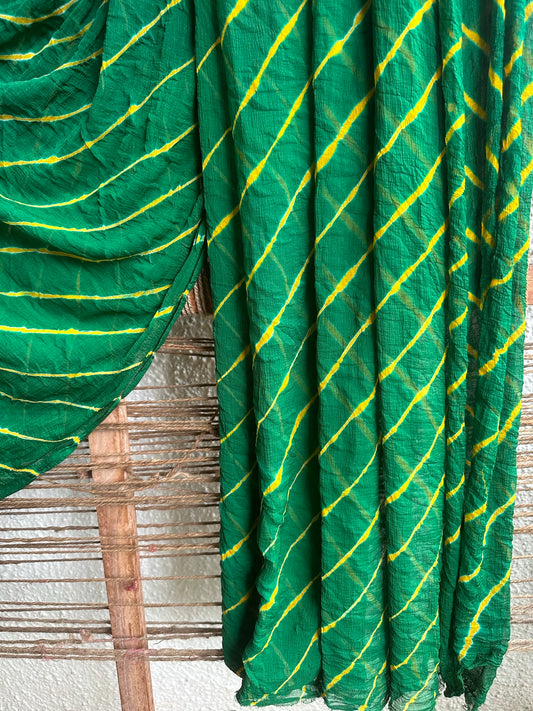 BOTTLE GREEN  MULTI LEHERIYA HANDCRAFTEDCHIFFON SARI