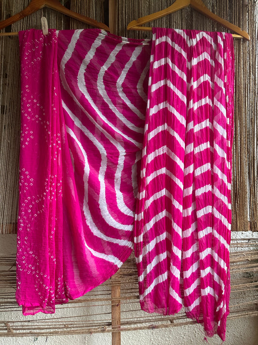 MAGENTA BANDHANI LEHERIYA HANDCRAFTED CHIFFON SARI