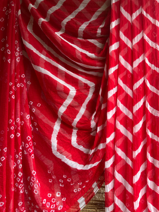 Red bandhani leheriya handcrafted chiffon sari