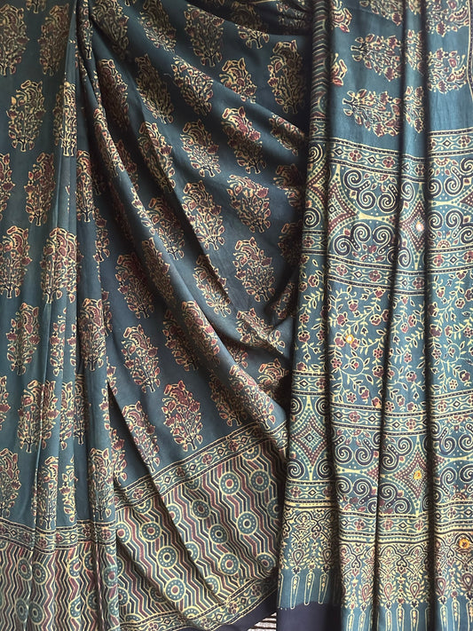 GREEN COTTON AJRAKH HANDEMBROIDERY SARI
