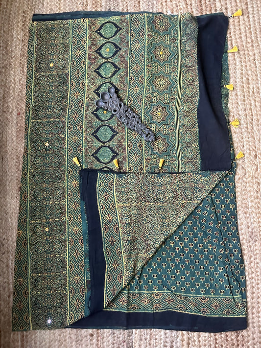 GREEN COTTON AJRAKH HANDEMBROIDERY SARI
