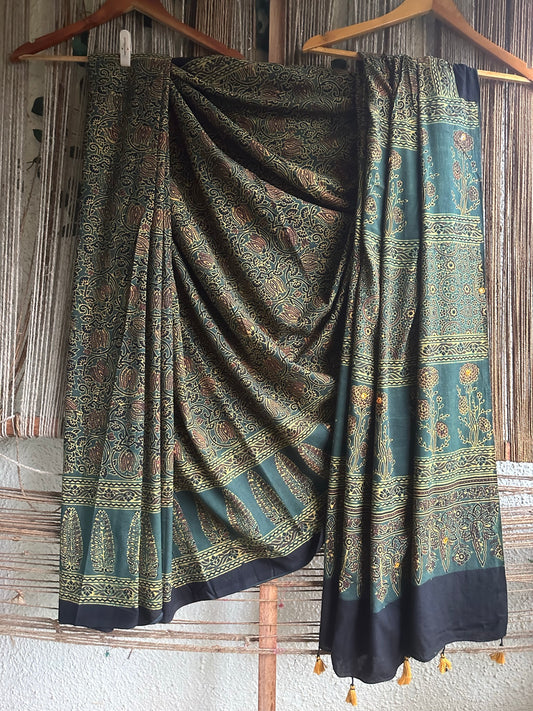 GREEN COTTON AJRAKH HANDEMBROIDERY SARI