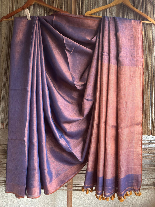 PURPLE TISSUE  LINEN TISSUE SARI WITH ZARI WOVEN BORDER & WHITE TASSELS AND PALLA