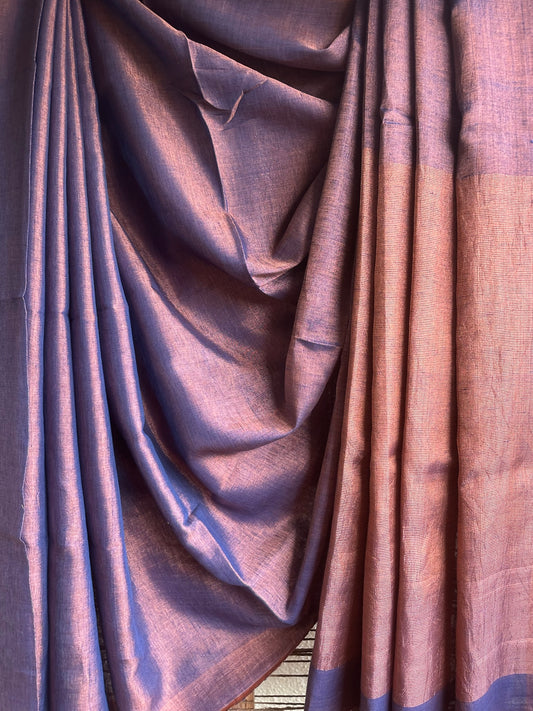 PURPLE TISSUE  LINEN TISSUE SARI WITH ZARI WOVEN BORDER & WHITE TASSELS AND PALLA