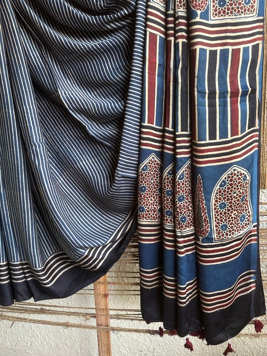 INDIGO CONTEMPRORAY AJRAKH MODAL SILK SARI