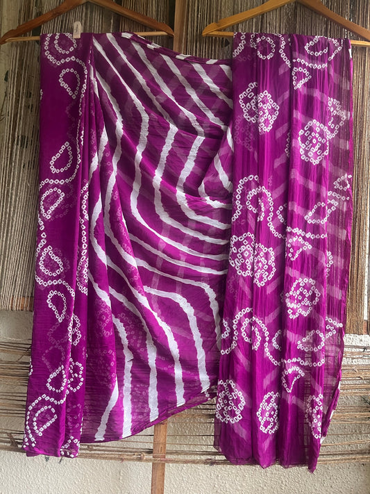Purple  bandhani leheriya handcrafted chiffon sari