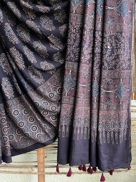 BLUE COTTON AJRAKH HANDEMBROIDERY SARI