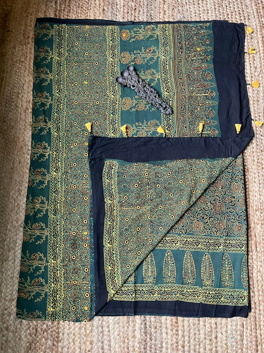GREEN COTTON AJRAKH HANDEMBROIDERY SARI