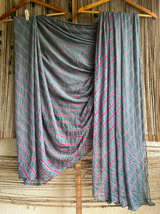 GREY MULTI  MULTI LEHERIYA HANDCRAFTED CHIFFON SARI