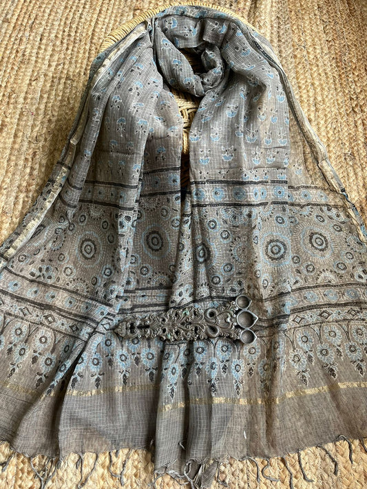 TROUT GREY & BLUE PRINT KOTA AJRAK HANDCRAFTED DUPATTA