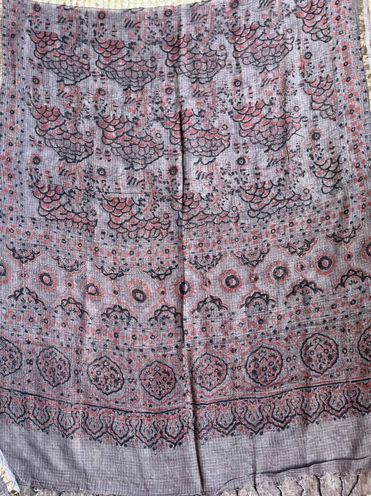 SEAL GREY & BLACK RED PRINT KOTA AJRAK HANDCRAFTED DUPATTA