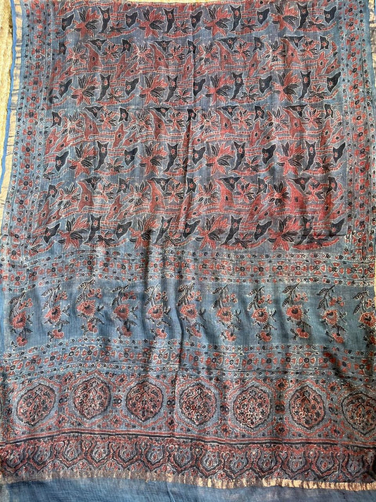 YALE BLUE & BLACK & MAROON FLOWER PRINT KOTA AJRAK HANDCRAFTED DUPATTA