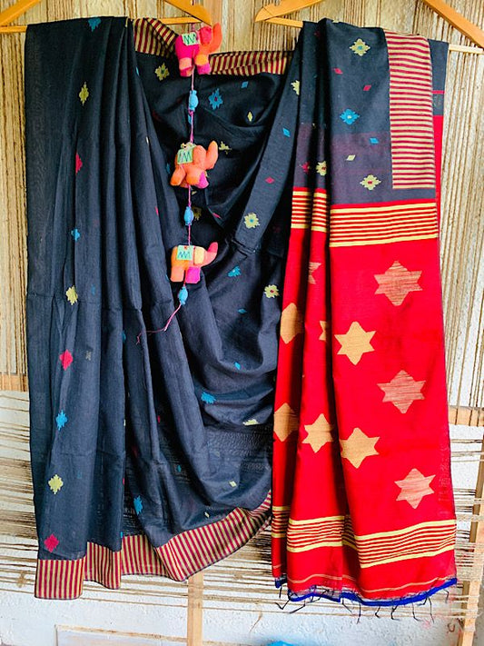 BLACK RED HANDWOVEN BENGAL COTTON SARI