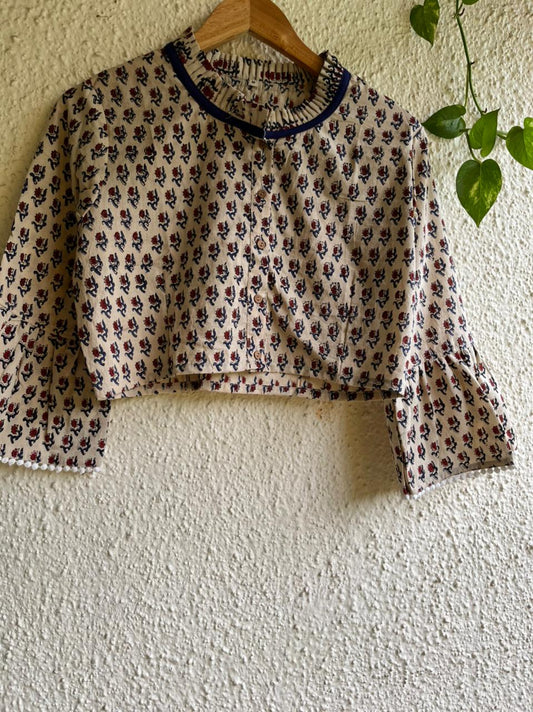 BEIGE MAROON  COTTON BLOCK PRINT BLOUSE