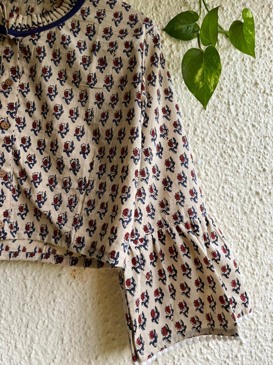 BEIGE MAROON  COTTON BLOCK PRINT BLOUSE