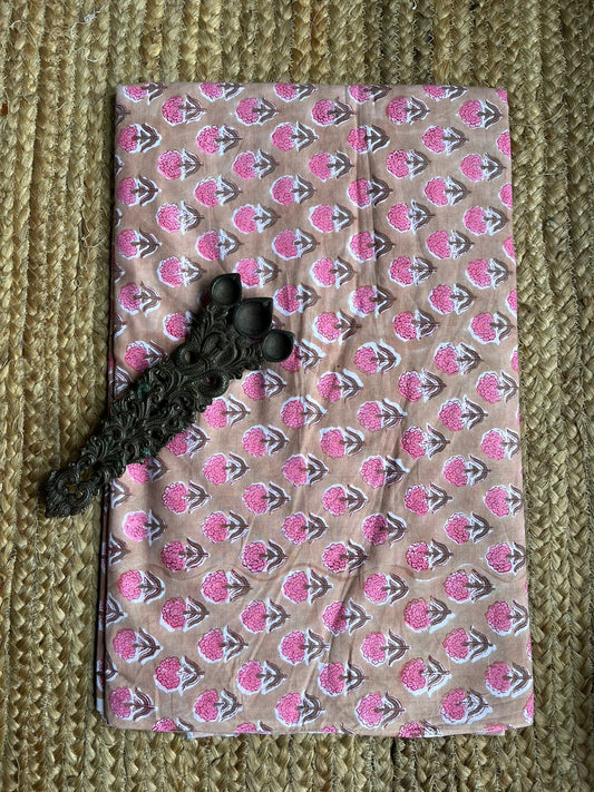 PASTEL BROWN PINK HANDBLOCK COTTON FABRIC