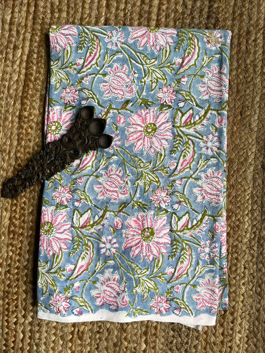 PASTEL BLUE FLORAL HANDBLOCK COTTON FABRIC