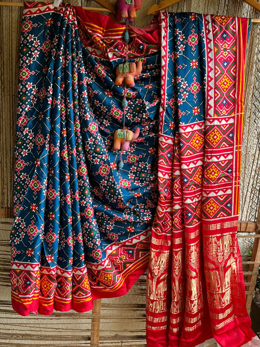 Blue red modal silk patola sari with zari border pms-10130