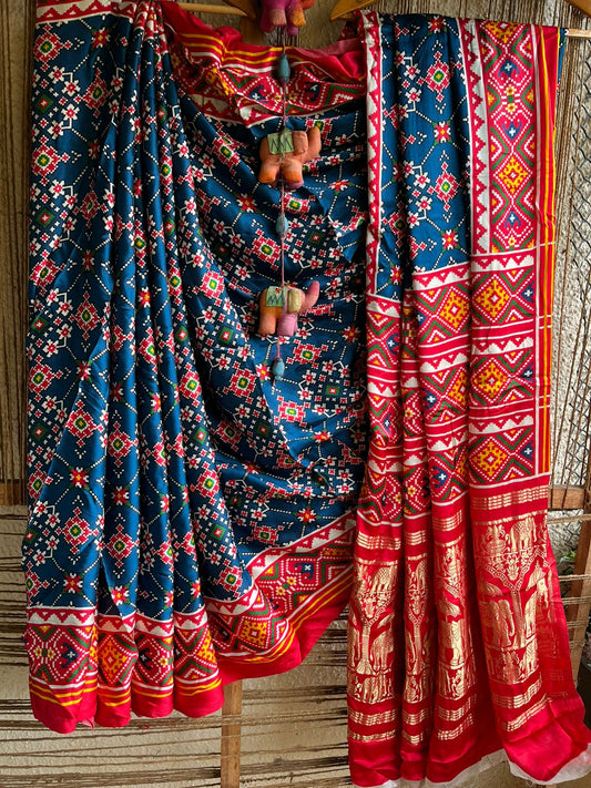 Blue red modal silk patola sari with zari border pms-10130